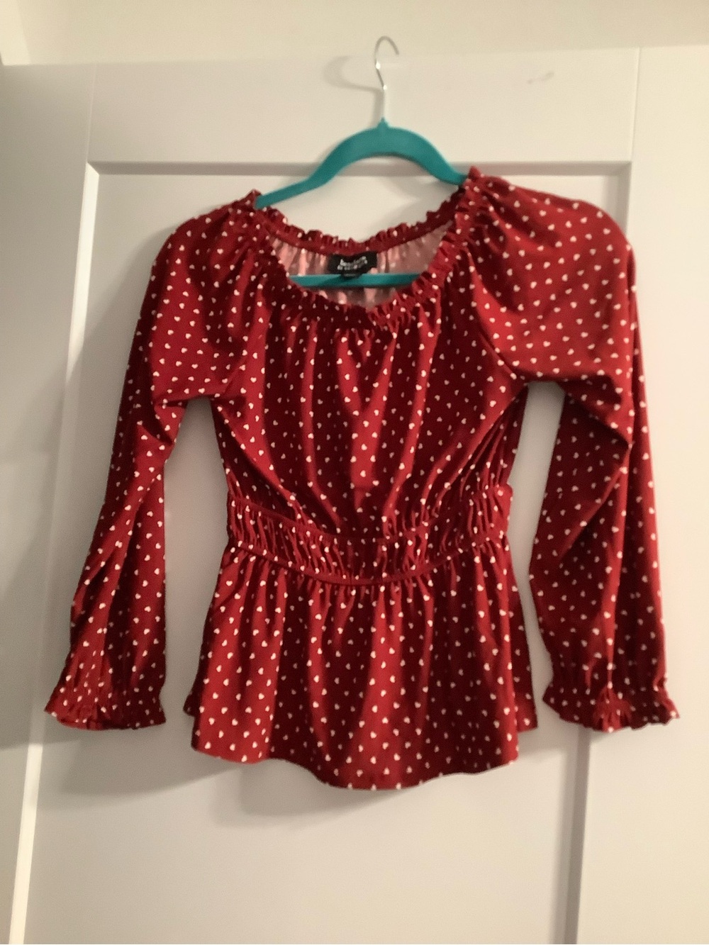 Beautees Red Heart-Print Smocked Peplum Blouse